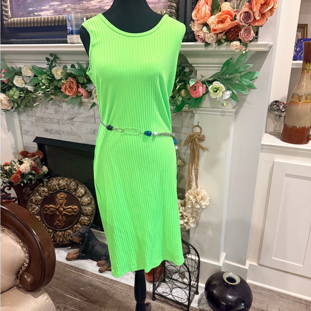 Rouge! Neon Green Ribbed Sleeveless Midi Dress